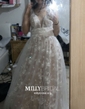 A-line V-neck Lace Tulle Floor-length Prom Dresses