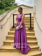 Princess V-neck Satin Sweep Train Pockets Prom Dresses