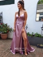 A-line V-neck Silk-like Satin Sweep Train Split Front Prom Dresses