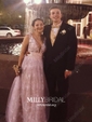 A-line V-neck Lace Tulle Floor-length Prom Dresses