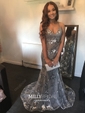Trumpet/Mermaid V-neck Tulle Sweep Train Sequins Prom Dresses