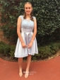 A-line Scoop Neck Satin Asymmetrical Appliques Lace Prom Dresses