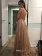 A-line V-neck Glitter Sweep Train Prom Dresses