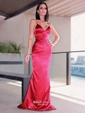 Sheath/Column V-neck Silk-like Satin Floor-length Buttons Prom Dresses