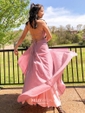 A-line V-neck Shimmer Crepe Sweep Train Pockets Prom Dresses