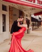 Mermaid Off-the-shoulder Ruched Satin Prom Dresses With Beading