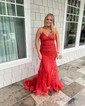 Mermaid V-neck Tulle Prom Dresses With Appliques