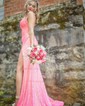 Sheath/Column V-neck Sparkly Sequin Prom Dresses With Appliques