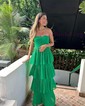 Ball Gown Strapless Chiffon Tiered Prom Dresses With Ruched