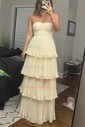 Ball Gown Strapless Chiffon Tiered Prom Dresses With Ruched