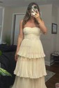 Ball Gown Strapless Chiffon Tiered Prom Dresses With Ruched