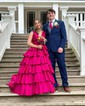 Ball Gown V-neck Taffeta Ruffle Tiered Prom Dresses