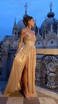A-line Off-the-shoulder Sparkly Sequin Prom Dresses With Ruched