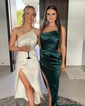 White Sheath/Column Strapless Satin Prom Dresses With Ruched