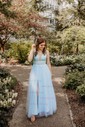 A-line V-neck Floor-length Tulle Prom Dresses With Appliques