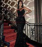 Black Mermaid V-neck Sparkly Velvet Sequin Prom Dresses