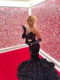 Black Mermaid V-neck Sparkly Velvet Sequin Prom Dresses