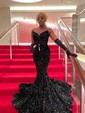 Black Mermaid V-neck Sparkly Velvet Sequin Prom Dresses