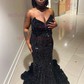 Black Mermaid V-neck Sparkly Velvet Sequin Prom Dresses