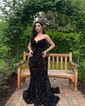 Black Mermaid V-neck Sparkly Velvet Sequin Prom Dresses