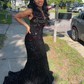 Black Mermaid V-neck Sparkly Velvet Sequin Prom Dresses
