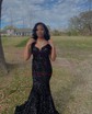 Black Mermaid V-neck Sparkly Velvet Sequin Prom Dresses