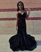 Black Mermaid V-neck Sparkly Velvet Sequin Prom Dresses