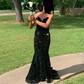 Black Mermaid V-neck Sparkly Velvet Sequin Prom Dresses