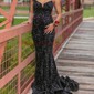Black Mermaid V-neck Sparkly Velvet Sequin Prom Dresses