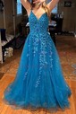 Ball Gown V-neck Tulle Prom Dresses With Appliques