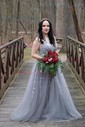 Ball Gown V-neck Tulle Prom Dresses With Appliques
