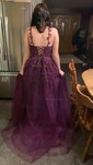 Ball Gown V-neck Tulle Prom Dresses With Appliques