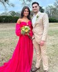 Ball Gown Off-the-shoulder Chiffon Pleated Prom Dresses With Puff Sleeve