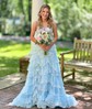 Ball Gown V-neck Tulle Tiered Prom Dresses With Appliques
