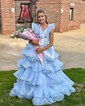 Ball Gown V-neck Tulle Ruffle Tiered Prom Dresses With Beading