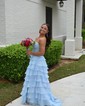 Ball Gown Strapless Chiffon Ruffle Tiered Prom Dresses With Appliques