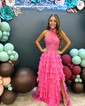 Ball Gown High Neck Chiffon Tiered Prom Dresses With Appliques