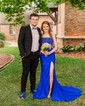 Sheath/Column Strapless Satin Corset Prom Dresses With Beading