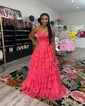 Ball Gown Strapless Satin Chiffon Ruffle Tiered Prom Dresses