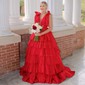 Ball Gown V-neck Taffeta Ruffle Tiered Prom Dresses