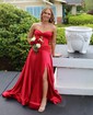 A-line Strapless Satin Cut Out Prom Dresses With Ruched