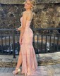 Sheath/Column Strapless Lace Tulle Prom Dresses With Appliques