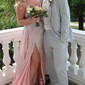 A-line V-neck Glitter Prom Dresses With Ruched