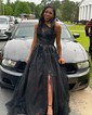 A-line One Shoulder Tulle 3D Floral Prom Dresses With Ruched
