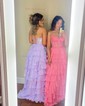 Ball Gown Strapless Chiffon Ruffle Tiered Prom Dresses With Appliques