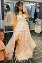 Ball Gown V-neck Tulle 3D Floral Prom Dresses With Appliques