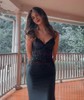 Black Mermaid V-neck Glitter Prom Dresses With Appliques