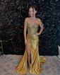 Sheath/Column Strapless Satin Beaded Prom Dresses With Ruched