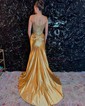 Sheath/Column Strapless Satin Beaded Prom Dresses With Ruched