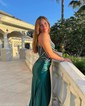 Sheath/Column V-neck Satin Corset Prom Dresses With Beading